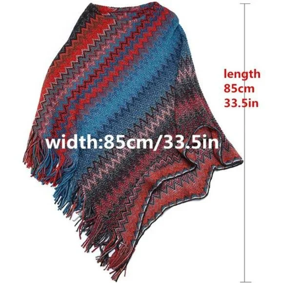 Women's Zig-Zag Knit Tassel Fringed Pullover Poncho Sweater Cape Shawl Wrap - Picture 5 of 7